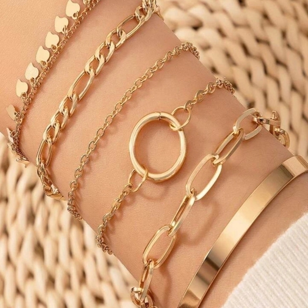 Fashion 6pcs Bracelet Set Women Gold Plated Chain Cuff Bangle Gifts New